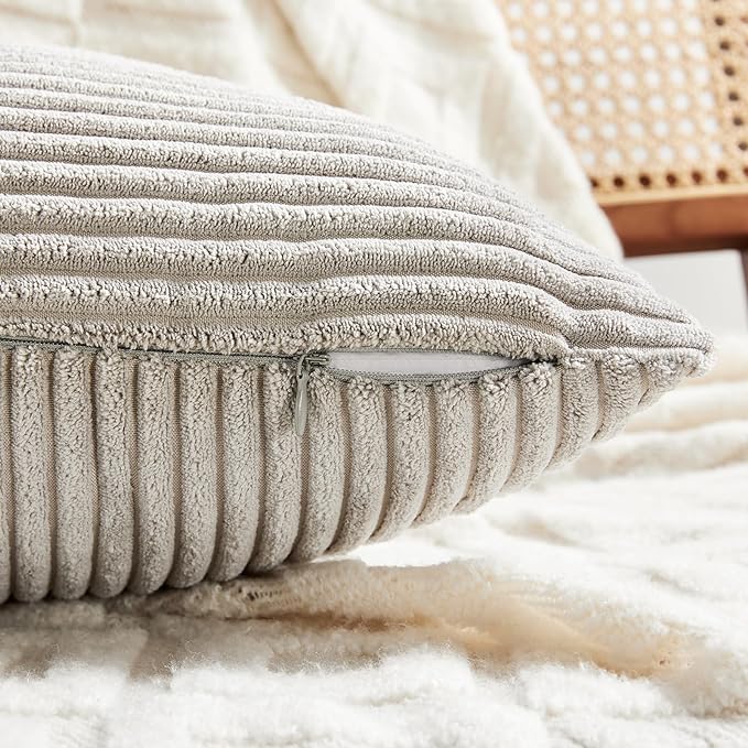 Fancy Homi 2 Packs Neutral Grey Long Lumbar Decorative Throw Pillow Covers 16x24 Inch for Couch Bed Sofa, Rustic Farmhouse Boho Home Decor, Soft Striped Corduroy Rectangle Accent Cushion Case 40x60 cm