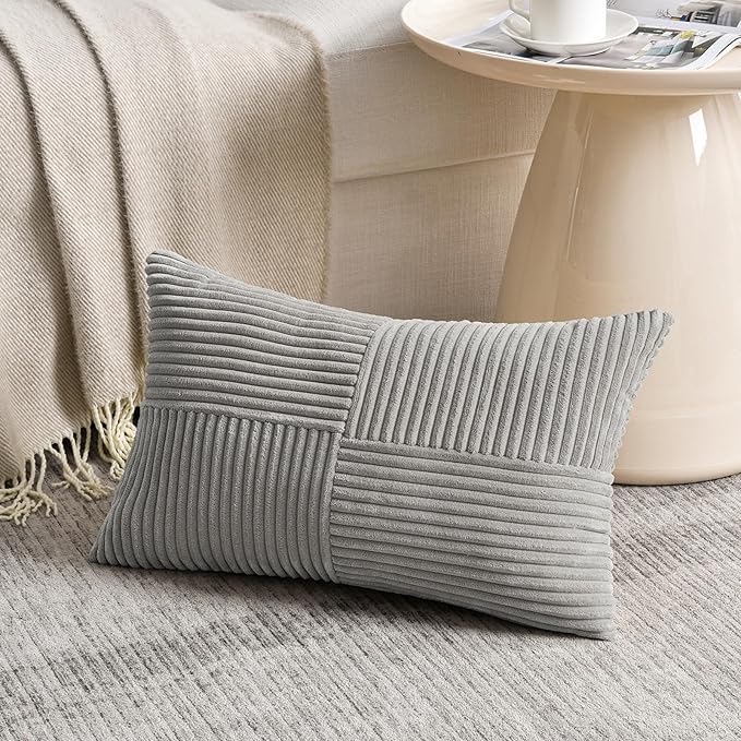 Fancy Homi 2 Packs Grey Lumbar Decorative Throw Pillow Covers 16x26 Inch for Living Room Couch Bed, Rustic Farmhouse Boho Home Decor, Soft Striped Corduroy Rectangle Accent Cushion Case 65x40 cm