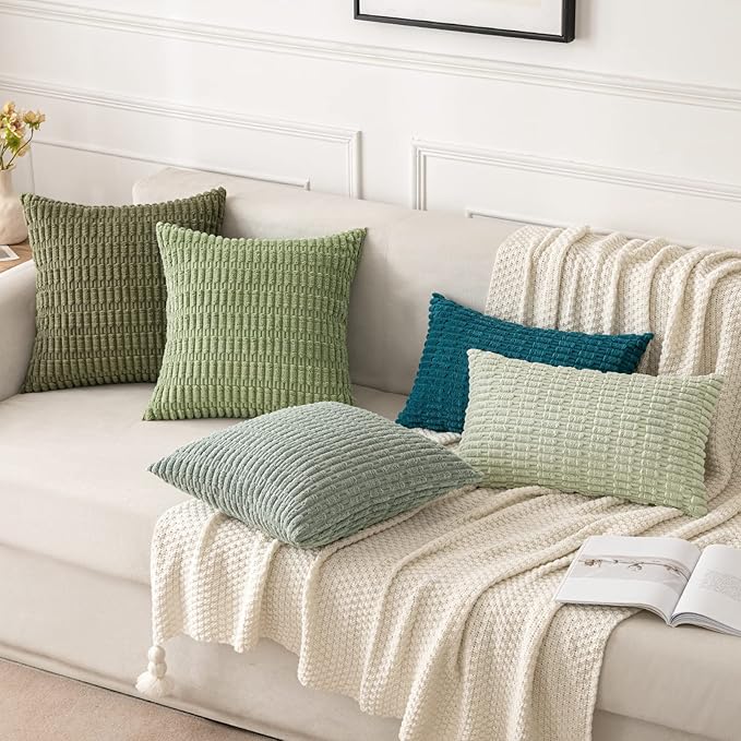 MIULEE Pack of 2 Spring Corduroy Decorative Throw Pillow Covers 20x20 Inch Soft Boho Striped Pillow Covers Modern Farmhouse Home Decor for Summer Sofa Living Room Couch Bed Olive Green