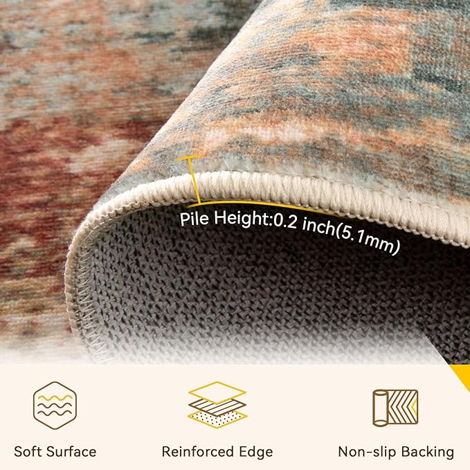 Washable Area Rugs 3x4 Non-Slip Modern Abstract Soft for Living Room Entryway Bedroom Nursery, Print Pattern, Brown Rust Red Green Blue Multi