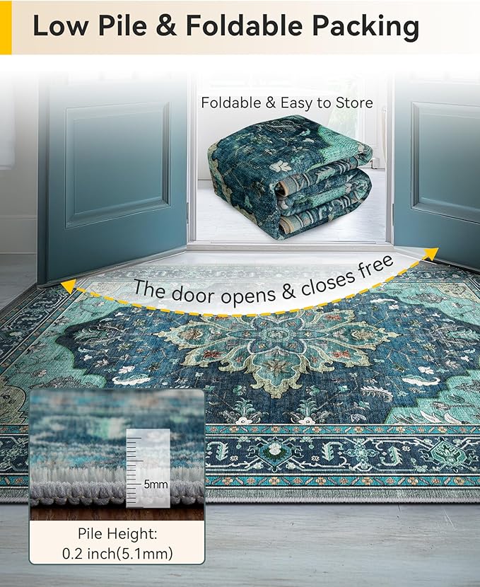 Area Rugs 2'x7' Runner Rug Non Slip Washable for Kitchen Hallway Bedroom Beside Laundry Room Bathroom Rug, Floor Carpet, Teal Green Lake Blue Turquoise