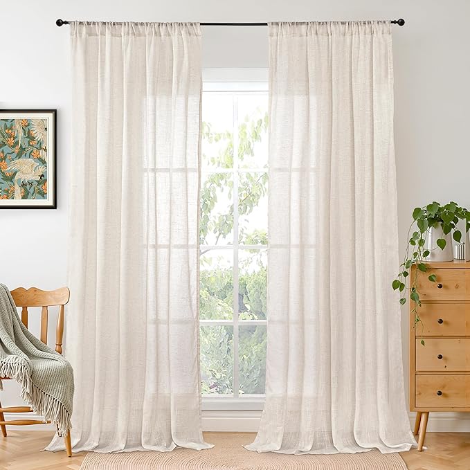 BGment 80 Inches Long Linen Semi Sheer Curtains for Bedroom, Oatmeal Light Filtering Window Drapes with Rod Pocket Lightweight Natural for Farmhouse Living Room, 2 Panels Set, Each 52 Inch Wide