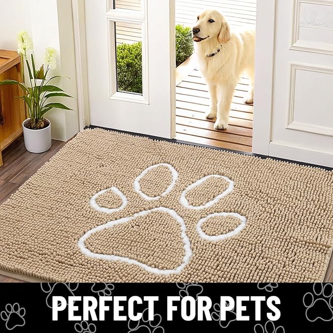 Smiry Dog Door Mat for Muddy Paws, Absorbent Dirt Trapper Non Slip Quick Dry Washable Chenille Mat for Mud Dogs, Entry Rug for Indoor and Outdoor (47x20 Inches, Beige and White)