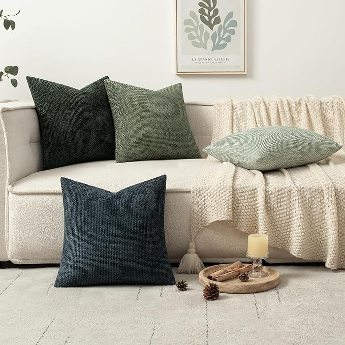 MIULEE Pack of 4 Couch Throw Pillow Covers 20x20 Inch Neutral Green Soft Decorative Chenille Pillow Covers Farmhouse Accent Cushion Covers for Boho Spring Home Decor Sofa Bedroom Living Room