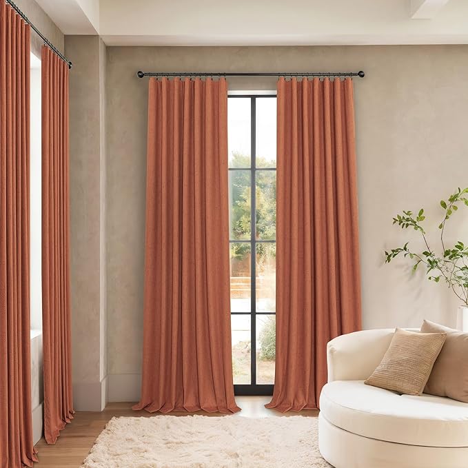 Terracotta Blackout Curtains 108 Inch Long 2 Panel Set Linen Textured Fall Rustic Country Rust Orange Black Out Curtain for Sliding Doors Back Tab Floor to Ceiling Drape for Living Room Bedroom Window