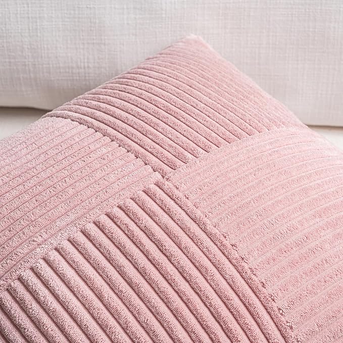 Fancy Homi 2 Packs Blush Pink Decorative Throw Pillow Covers 16x16 Inch for Living Room Couch Bed, Rustic Farmhouse Boho Home Decor, Soft Corss Patchwork Corduroy Textured Square Cushion Case 40x40 cm
