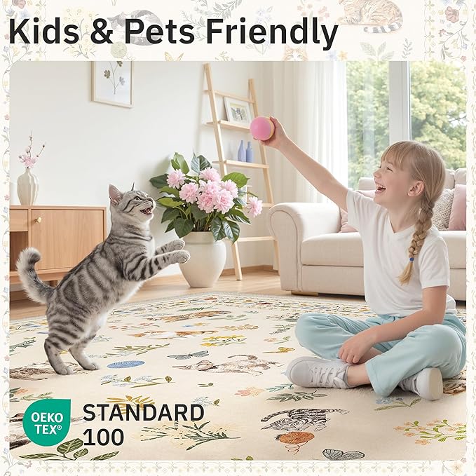 Cat 3x5 Area Rugs for Entryway, Machine Washable Animal Floral Accent Rug Non-Slip Low Pile Soft Throw Rugs for Kitchen Bedside Living Room Bedroom Kids Room (3 x 5,Beige)