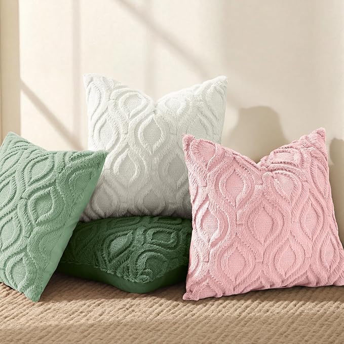 decorUhome Throw Pillow Covers 24x24 Inch Set of 2, Soft Plush Faux Wool Pink Solid Couch Pillow Covers, Accent Euro Sham Farmhouse Neutral Square Pillow Cases for Sofa Bed Living Room