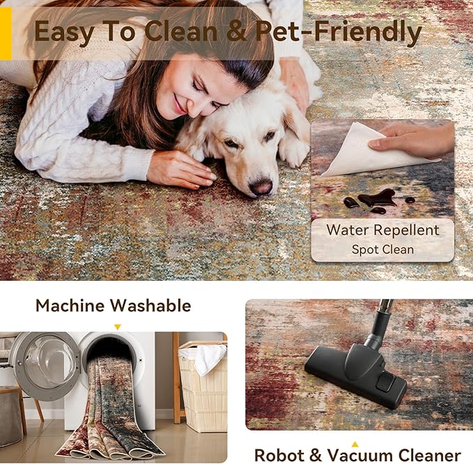 Washable Area Rugs 2'6'' x12 Non-Slip Modern Abstract Soft for Living Room Entryway Bedroom Nursery, Print Pattern, Brown Rust Red Green Blue Multi