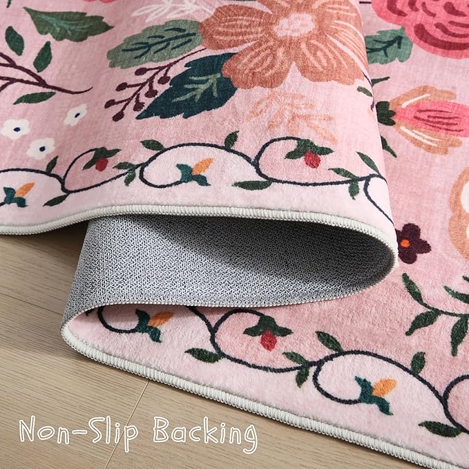 Rugcomf Bedroom Rug 3x5 Rug Washable Area Rug Non Slip Low Pile Boho Floral Small Carpet for Bedroom, Bedside, Kitchen, Entryway, Kids Room, Office, College Dorm Essentials for Girls(Pink)