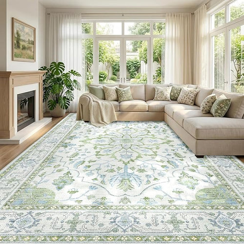 Area Rugs 9'x12' Washable Non-Slip, Floral Vintage Distress Print Pattern Medallion Carpet for Living Room Bedroom Dining Room, Green White Blue