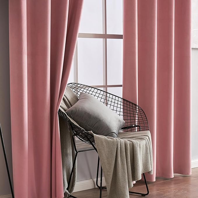 MIULEE Blush Pink Velvet Curtains Thermal Insulated Soundproof Room Darkening Long Blackout Curtains Grommet Window Black Out Drapes for Home Theatre/Girls Room/Wedding Decor 96 Inch Length Set of 2