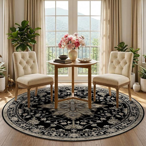 Area Rugs 5ft Washable Non-Slip, Floral Vintage Distress Print Pattern Medallion Carpet for Living Room Bedroom Dining Room, Black Brown Neutral Dark Tan