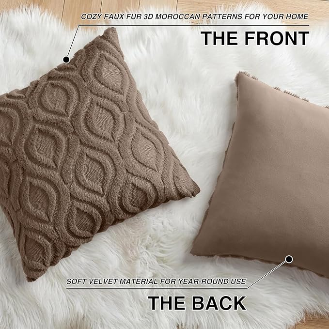 decorUhome Throw Pillow Covers 18x18 Inch Set of 2, Soft Plush Faux Wool Brown Solid Couch Pillow Covers, Accent Farmhouse Neutral Square Pillow Cases for Sofa Bed Living Room