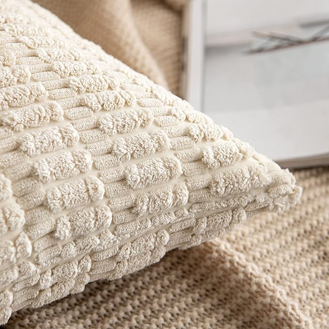 MIULEE Pack of 2 Corduroy Decorative Lumbar Throw Pillow Covers 24x14 Inch Soft Boho Striped Pillow Covers Modern Farmhouse Home Decor for Sofa Living Room Couch Bed Cream White