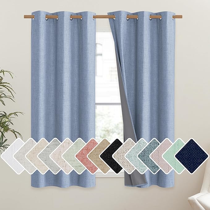 NICETOWN Stone Blue Vintage Linen 100% Blackout Curtains for Dining Room, Thermal Insulated Curtains 45" Long, Noise Reducing Window Treatment Drapes for Kitchen, 42" Wide Per Panel, Set of 2