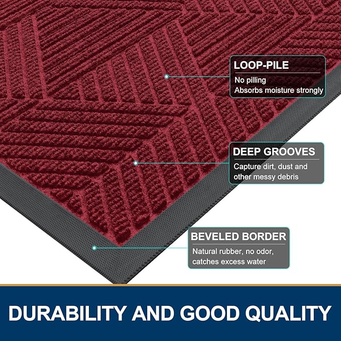 Smiry Front Door Mat Outside Entrance, Heavy Duty Sturdy Natural Rubber Doormat, Trap Dirt and Moisture, Easy Clean Low Profile Welcome Floor Mats for Indoor Outdoor Entry, 47x23 Inch, Wine Red
