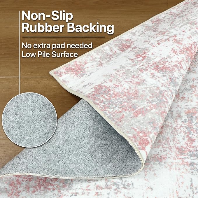 Area Rugs 5x7 for Living Room Bedroom, Modern Abstract Machine Washable Rug, Large Soft Low Pile Floor Carpet with Non Slip Backing for Dining Room, Pink/Grey