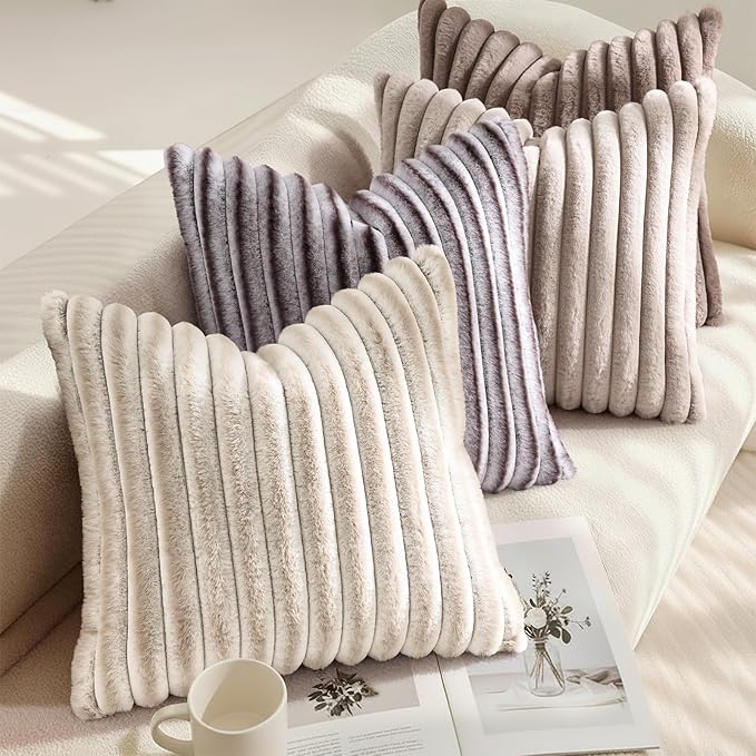 decorUhome Cozy Faux Fur Throw Pillow Covers 12x20 Set of 2 Decorative Soft Plush Striped Lumbar Modern Farmhouse Boho Couch Pillow Cases with Velvet Back for Sofa Bed Living Room, Tan