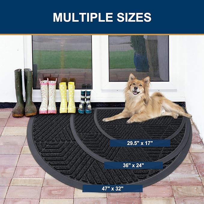 Smiry Half Circle Front Door Mat Outside Entrance, Heavy Duty Sturdy Natural Rubber Doormat, Trap Dirt and Moisture, Low Profile Mats for Indoor Outdoor Entry, Irregular Triangle (29.5x17, Black)