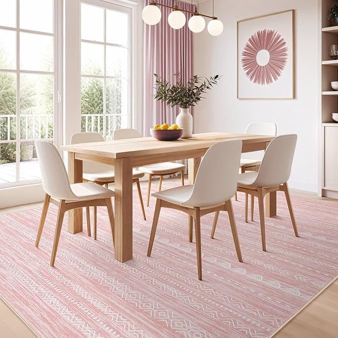 Nakagishi Pink Rugs for Bedroom Girls: 6x9 Washable Boho Large Neutral Cute Soft Area Rug Modern Indoor Floor Non Slip Accent Carpet for Living Room Nursery Kids Playroom Preppy Room Dorm Baby Room