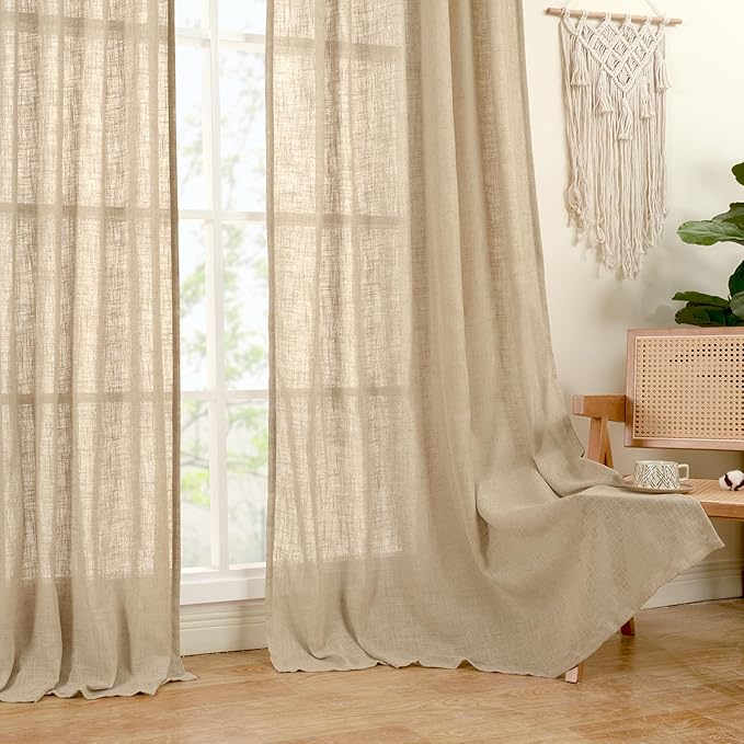 LAMIT Living Room Linen Curtains - 90 Inch, Back Tab & Rod Pocket, Light Filtering, Burlap Textured Sheer Curtains for Farmhouse, 2 Panels, 52 x 90 Inch, Brown