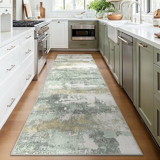 BEIMO Runner Rug for Hallway Kitchen, 2'6"x8' Machine Washable Runners Rug for Entryway, Soft Modern Abstract Throw Rugs, Low Pile Floor Cover with Non Slip Backing, Light Green