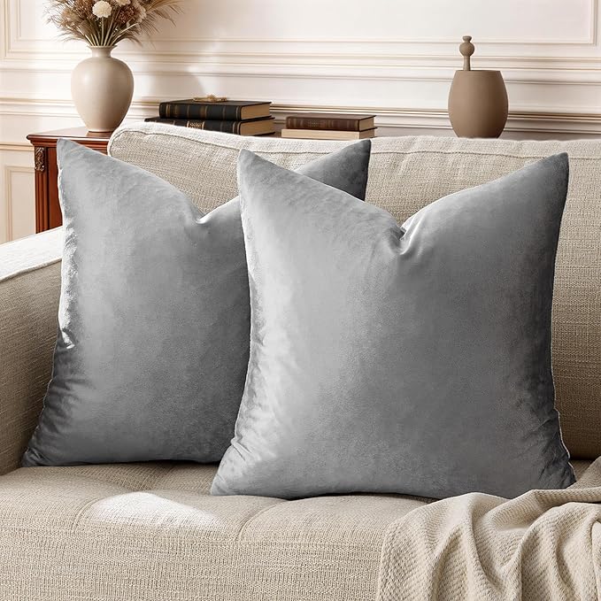 GIGIZAZA 16x16 Velvet Small Pillow Covers,Set of 2 Dark Grey Throw Pillows Modern Covers for Living Room Decorative Luxury Solid Couch Sofa Square Pillow Cases