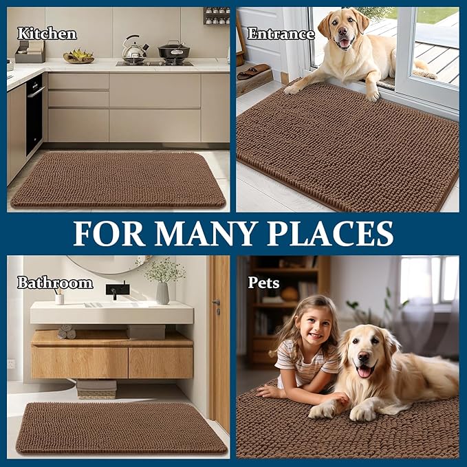 OLANLY Dog Door Mat for Muddy Paws 36x24, Absorbs Moisture and Dirt, Absorbent Non-Slip Washable Doormat, Quick Dry Chenille Mud Mat for Dogs, Entry Indoor Entryway Carpet for Inside Floor, Mocha