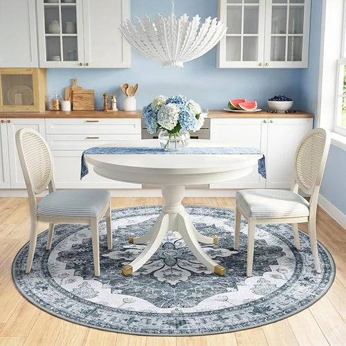 Area Rugs 6ft Washable Non-Slip, Floral Vintage Distress Print Pattern Medallion Carpet for Living Room Bedroom Dining Room, Light Gray Grey White