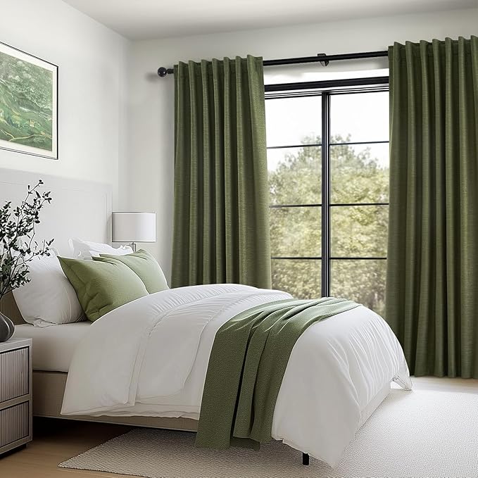 Topfinel 94 Inches Long Flax Custom Blackout Linen Curtains, Viral Pinch Pleated Noise Cancelling Curtains with Pin Hooks for Traverse, Olive Green Burlap Viral Drapes 2 Panels for Living Room