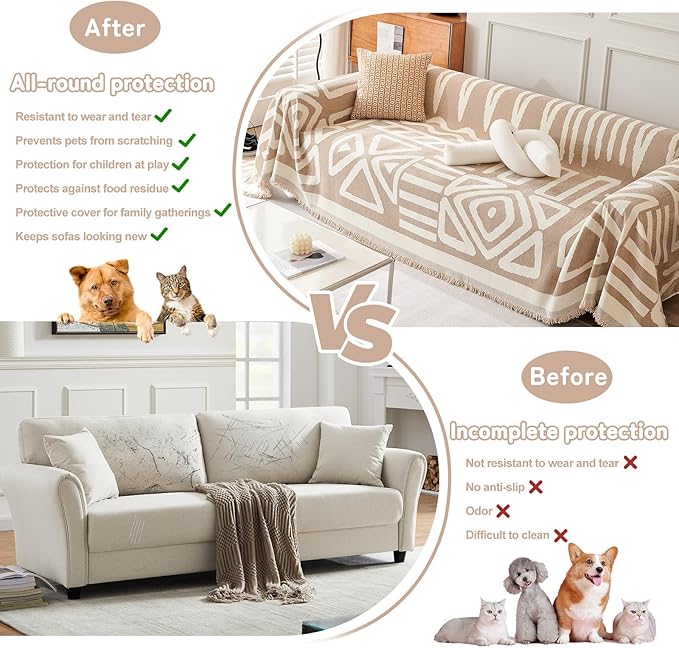 HANDONTIME Sofa Covers Armchair Boho Couch Cover for Dogs Khaki Throw Couch Cover with Tassel Chair Recliner Futon Cover Washable 1 Cushion Couch Non Slip Chenille Couch Protector, 71" X102"