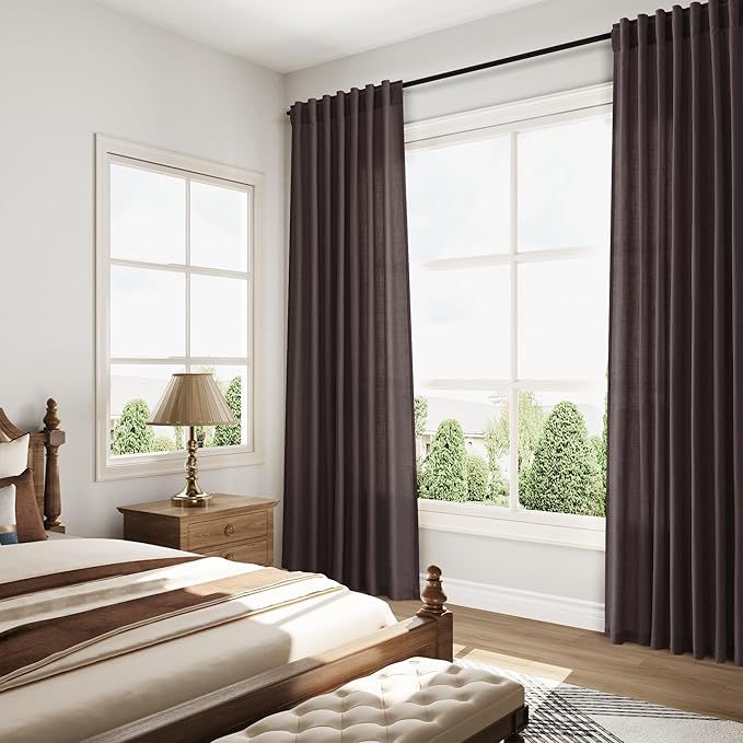 Nanspring Cocoa Coffee Linen Curtains 84 Inch Length 2 Panels Set for Living Room Back Tab Light Filtering Semi Sheer Curtain for Bedroom Farmhouse Drapes, 52x84 Inch, 2 Panels