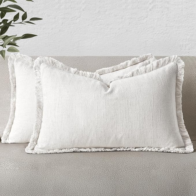 MIULEE Decorative Lumbar Throw Pillow Covers Neutral Linen Fringe Throw Pillows Set of 2 White Boho Farmhouse Cushion Covers with Tassels for Couch Sofa Bed Living Room Spring Decor 12x20 Inch