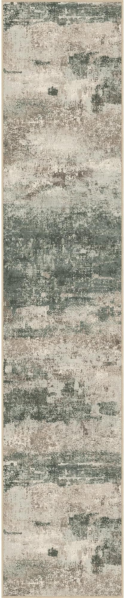 Runner Rug for Hallway Kitchen, 2x10 Machine Washable Runners Rug for Entryway, Soft Modern Abstract Throw Rugs, Low Pile Floor Cover with Non Slip Backing, Grey/Dark Green