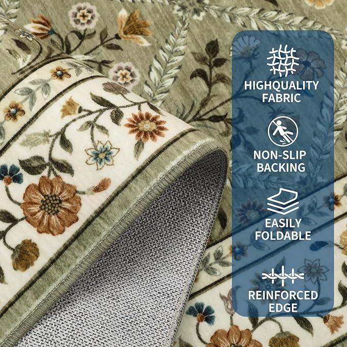 Runner Rug for Hallway Entryway 2.5x8 Farmhouse Floral Non-Slip Machine Washable Kitchen Rug Runner Non-Shedding Low-Pile Soft Long Carpet for Entrance Laundry Room Green