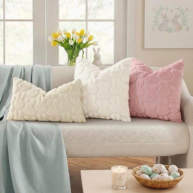 decorUhome Easter Bunny Pillow Covers 12x20 Inch Set of 2, Soft Plush Faux Wool Jacquard Pink Rabbit Cushion Covers, Farmhouse Neutral Spring Easter Holiday Decor for Couch Sofa Bed