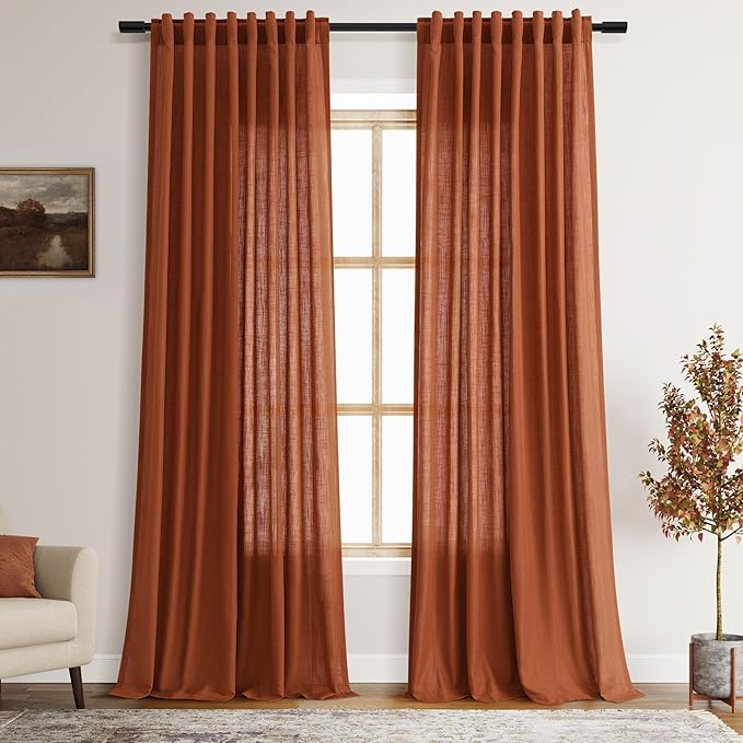 Nanspring Terracotta Long Linen Curtains 102 Inches Long 2 Panel Set Back Tab Boho Rustic Farmhouse Curtain for Living Room Semi Sheer Floor to Ceiling Luxury Home Decor for Bedroom Office 60x102