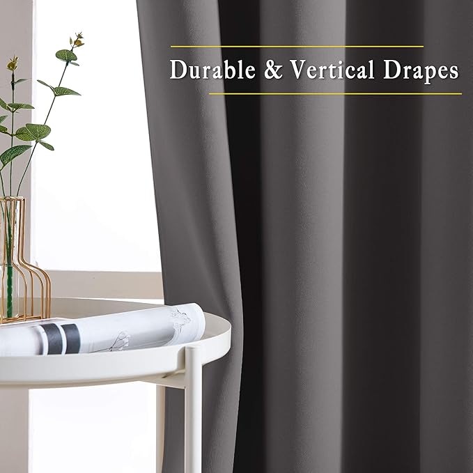 NICETOWN Grey Kitchen Curtains for Windows, Grommet Thermal Insulated Solid Blackout Window Treatments for Cafe, 2 Panels, W52 x L36