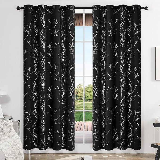 Deconovo Black Blackout Curtains, Thermal Insulated Soundproof Privacy Curtain Drapes, Branch Foil Print, 52 x 95 Inch Long, 2 Panels, Machine‑Washable Window Panel for Bedroom Living Room Office Home