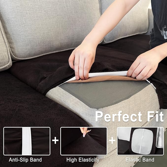 Leather Look Couch Cushion Covers Sofa Seat Slipcovers Sets Couches Furniture Protector for Sectional Armchair Loveseat Pets Kids Stretch Spandex Fabric (3 Cushion Sofa, Chocolate)