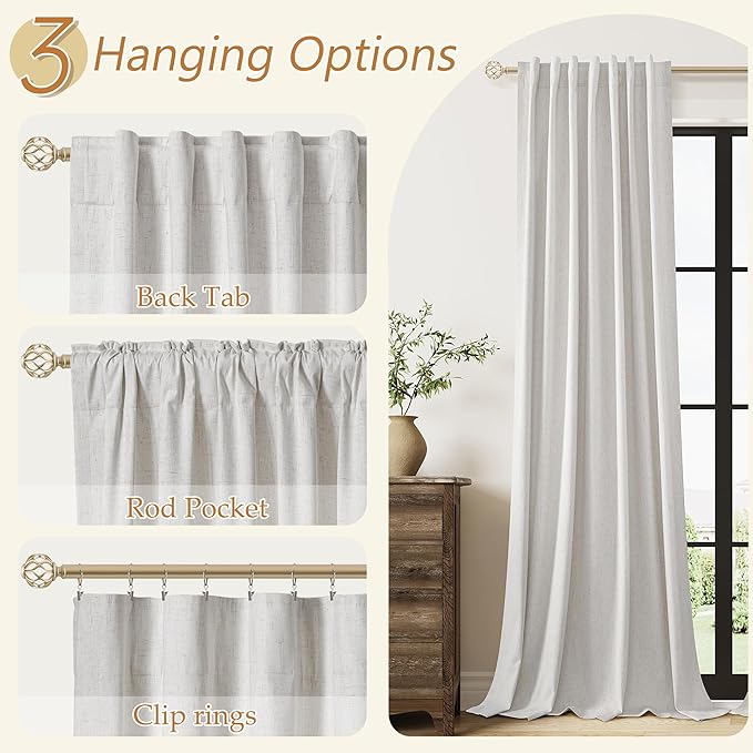 Guken 100% Natural Linen Blackout Curtains 84 Inch Long 2 Panels Set for Living Room Bedroom Back Tab Room Darkening Winter Thermal Insulated Netural Black Out Drapes Window Curtain, 52x84