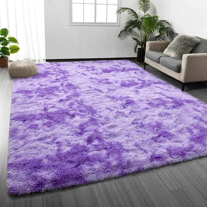 Deerhoo Large Shag Area Rugs 6 x 9, Tie-Dyed Plush Fuzzy Rugs for Living Room, Ultra Soft Fluffy Furry Rug for Bedroom, Indoor Carpet Nursery Rugs for Kids Room Home Decor, Purple