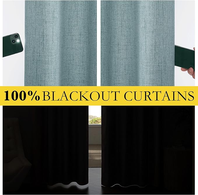 NICETOWN 100% Absolutely Blackout Linen Curtains with Thermal Insulated White Liner, Skylark Blue, 52" Wide, 108" Length Energy Saving Curtains for Living Room 2 Panels Set, Vertical Blinds