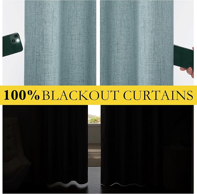 NICETOWN 100% Absolutely Blackout Linen Curtains with Thermal Insulated White Liner, Skylark Blue, 52 inches Wide, 95 inches Length Energy Saving Curtains for Living Room 2 Panels Set, Vertical Blinds