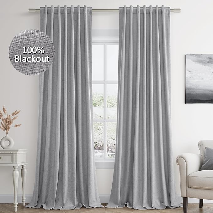 Guken Grey 100% Blackout Curtains 108 Inch Length 2 Panels Set for Living Room Bedroom Back Tab Thermal Insulated Black Out Linen Drapes Room Darkening Window Curtains 52x108