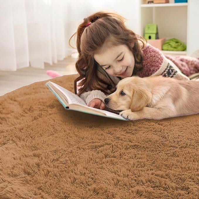 OLANLY Khaki Round Rugs for Bedroom - Machine Washable, 7 ft Circle Area Rugs for Living Room, Soft and Fluffy Shaggy Carpet for Teen Girl and Boys, Nursery Rooms, Dorms, Home Decor Aesthetic
