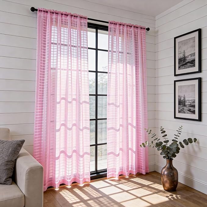 SpaceDresser Check Sheer Curtains 90 Inches 2 Panels Set, Rod Pocket Plaid Window Curtain for Living Room, Pink Semi Sheer Drapes for Kitchen Bedroom Children Room Yard（Pink, 52W x 90L）