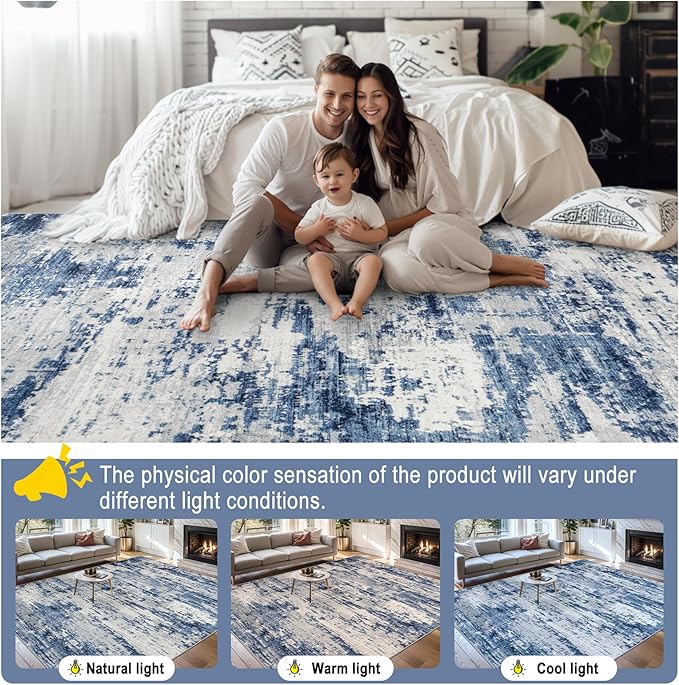 Area Rugs 10x12 Living Room - Washable Rug Modern Abstract Soft Large Neutral Non-Slip Carpet Indoor Floor Thin Carpets for Bedroom Dining Room Farmhouse Nursery Home Office Blue Gray
