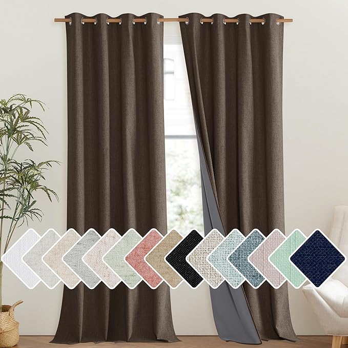 NICETOWN Coffee Vintage Linen 100% Blackout Curtains for Living Room, Thermal Insulated Curtains 108" Long, Noise Reducing Window Treatment Drapes for Hall Room, 52" Wide Per Panel, Set of 2